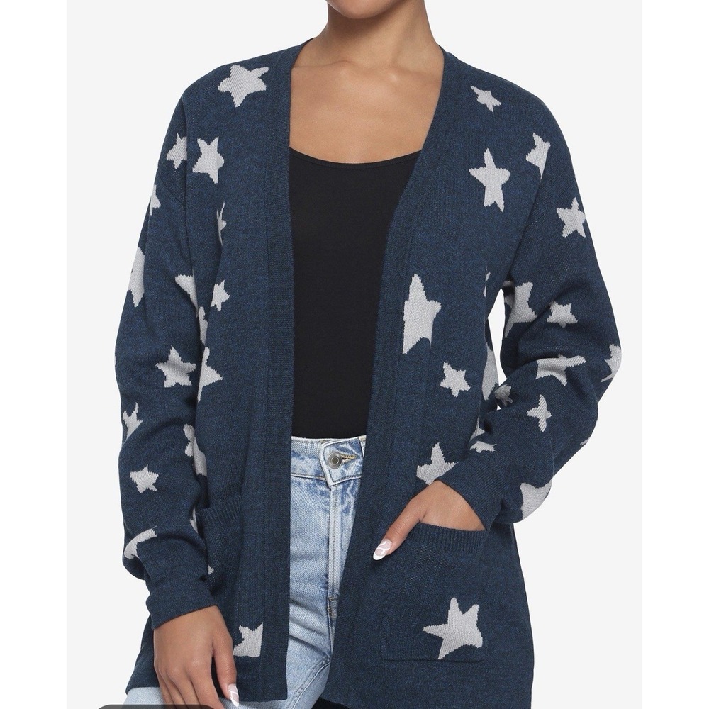 Coraline Cardigan Sweater Size Large Blue Star Patches Cosplay Laika Hot Topic